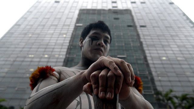 Environmentalists and indigenous protest against the construction of the  Belo Monte Hydroelectric. Sao Paulo, Brazil.